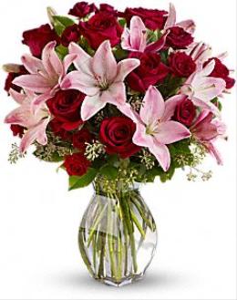 Valentines Day Flowers - Lavish Love Red Roses and Pink Lilies Vased - T5-1 Photo of Lavish Love Red Roses and Pink Lilies Vased - T5-1