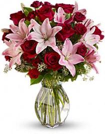 50th Anniversary Flower Arrangements - Lavish Love Red Roses and Pink Lilies Vased - T5-1 Photo of Lavish Love Red Roses and Pink Lilies Vased - T5-1