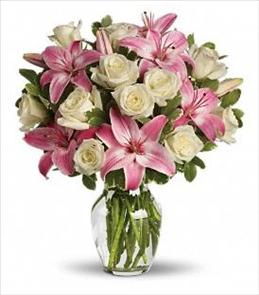 Funeral Floral Arrangements - Always a Lady White Roses Pink Lilies in Vase - T8-1 Photo of Always a Lady White Roses Pink Lilies in Vase - T8-1